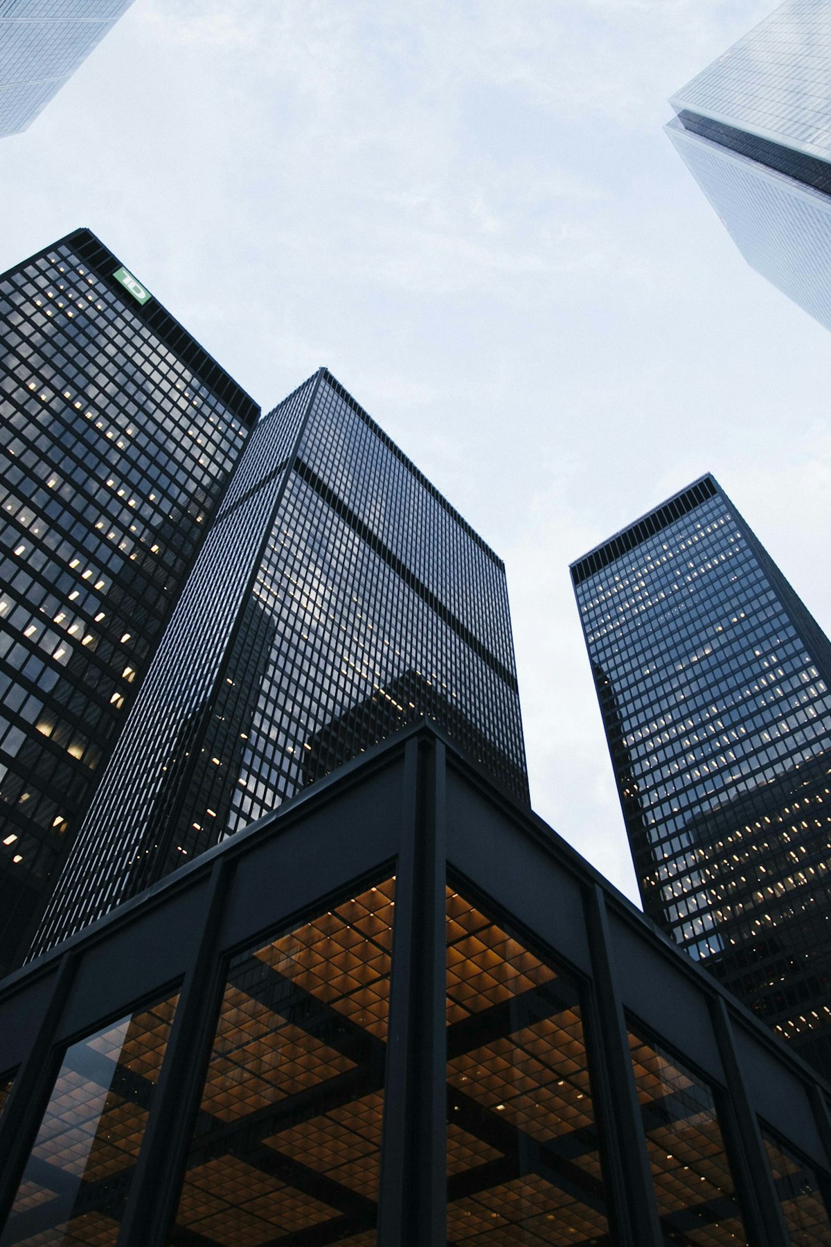Modern corporate headquarters towers viewed from street level